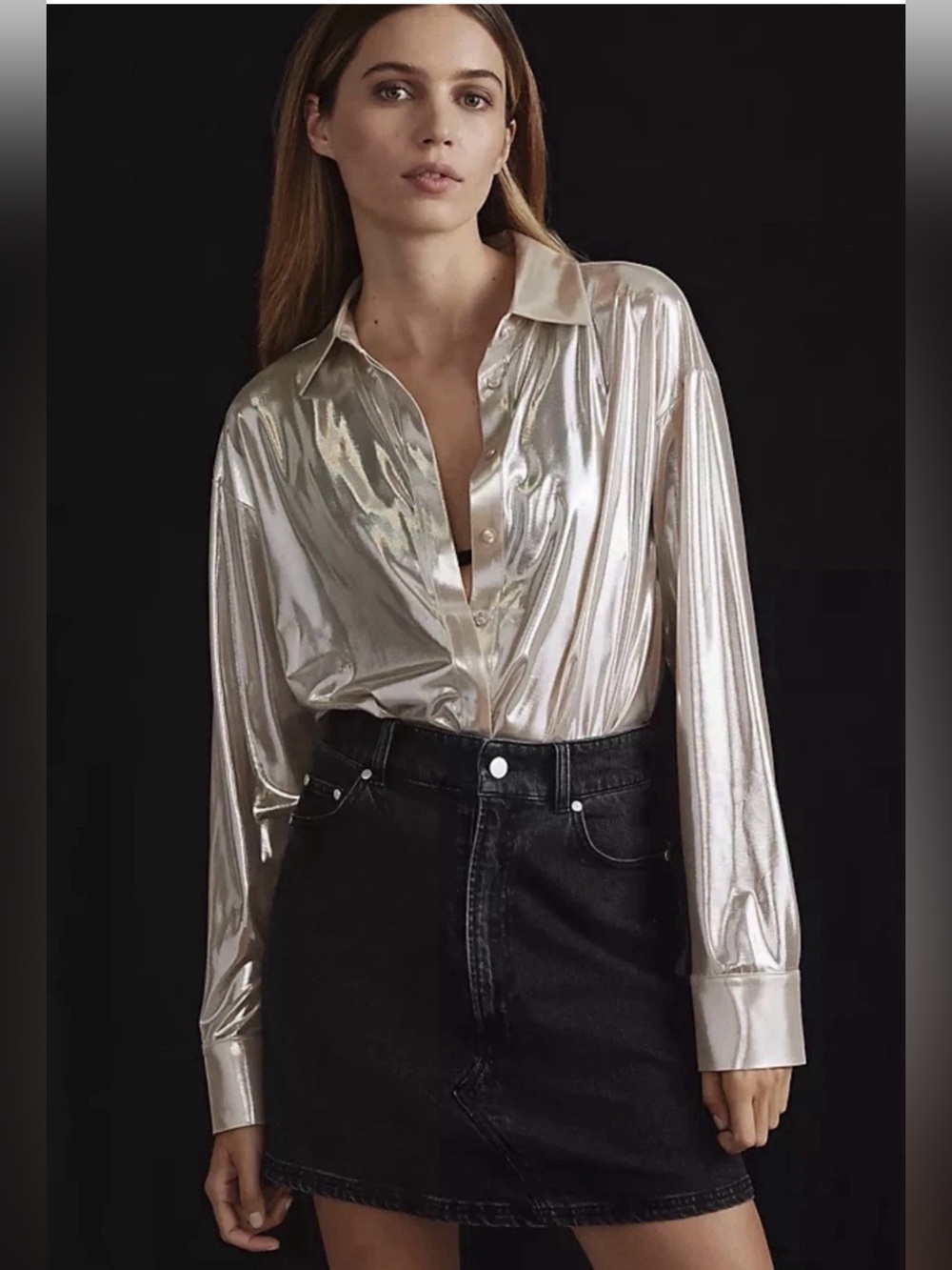 Anthropologie The Gillian Liquid Shine Metallic Buttondown Shirt in Gold Sz M